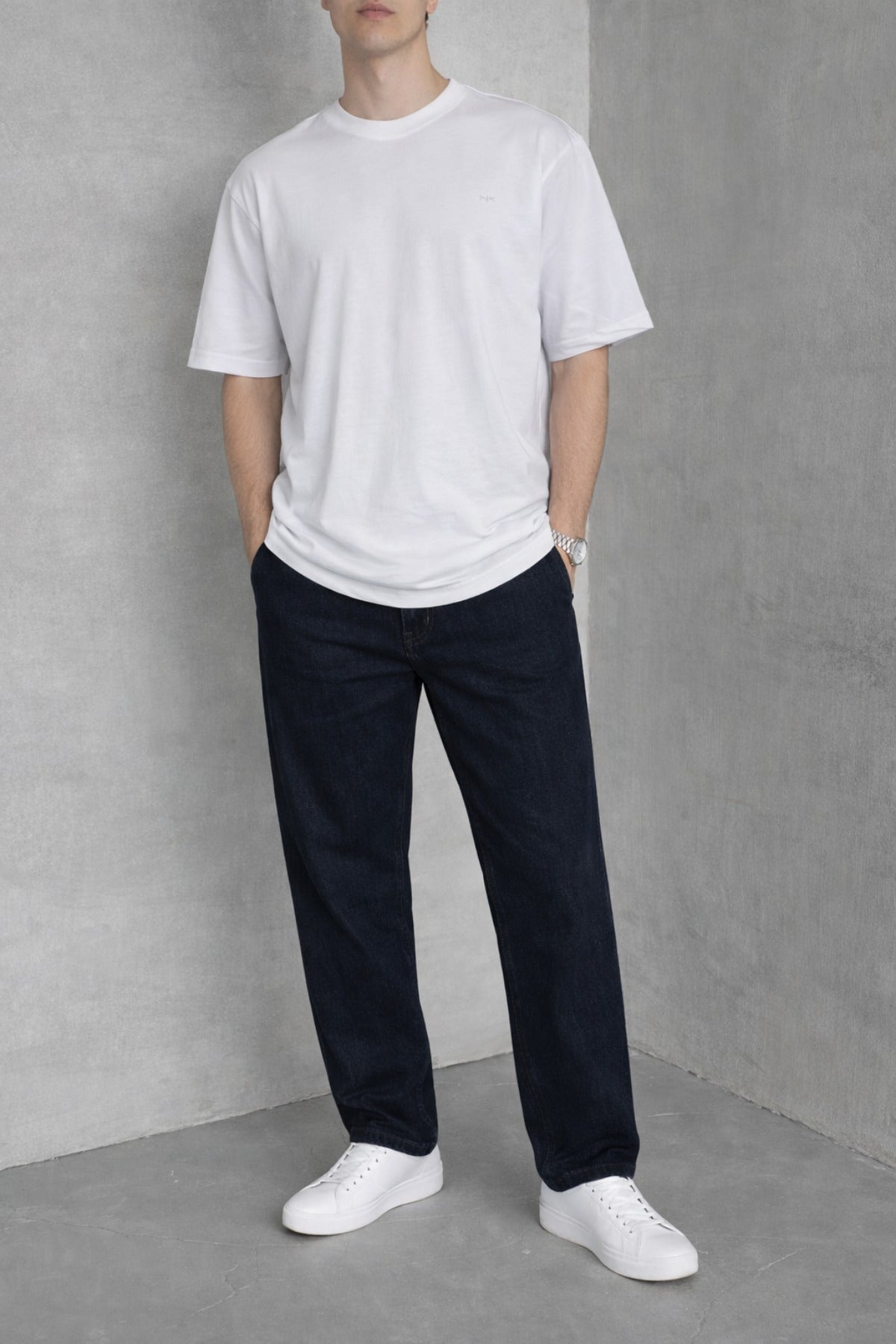 Erkek Siyah Basic Oversize Tişört Rahat Kalıp Düz Minimal Pamuklu Günlük T-shirt - Beyaz - 3