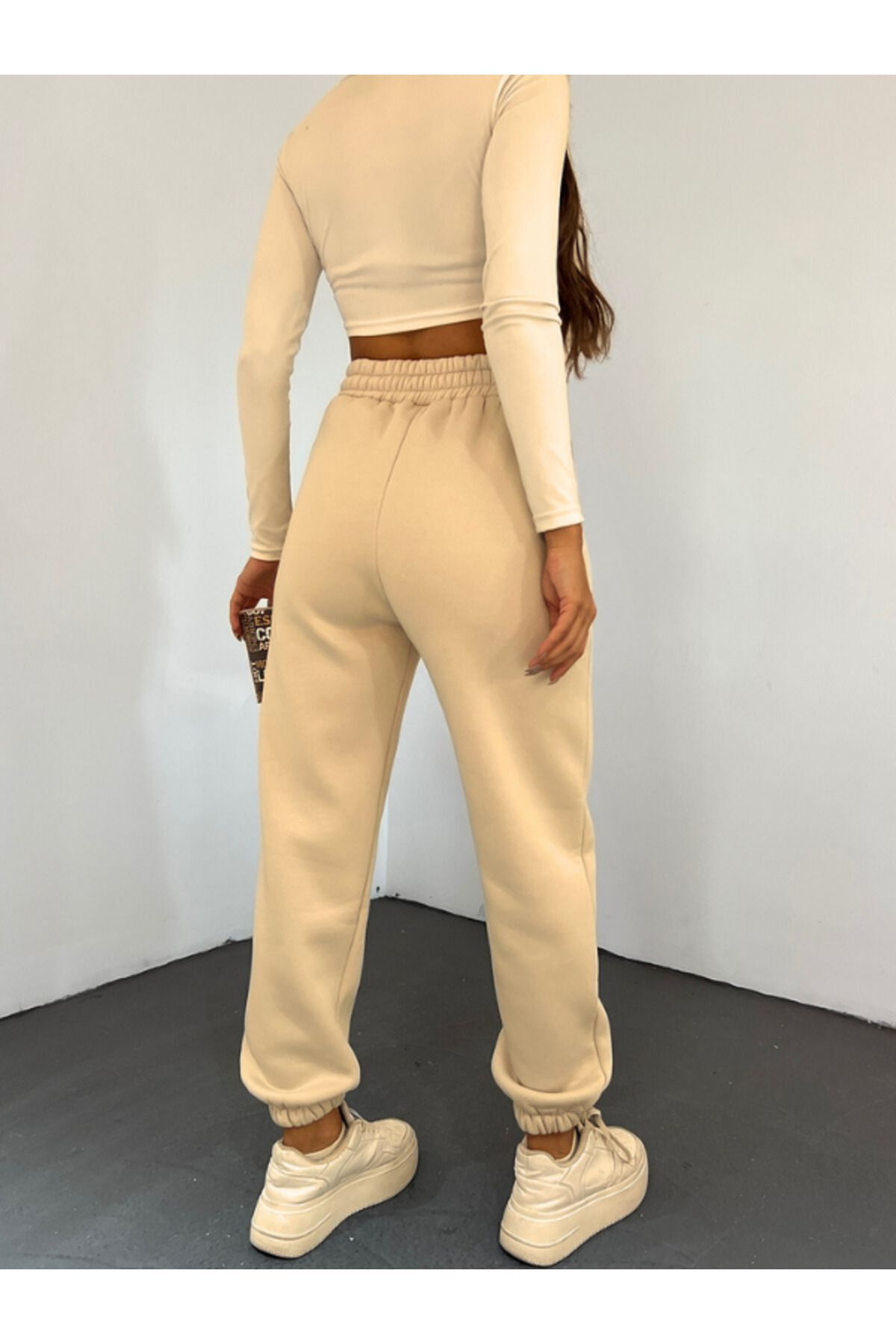 Unisex Bej Kalın 3 İplik Basic Jogger Örme Eşofman Altı - Bej - 3