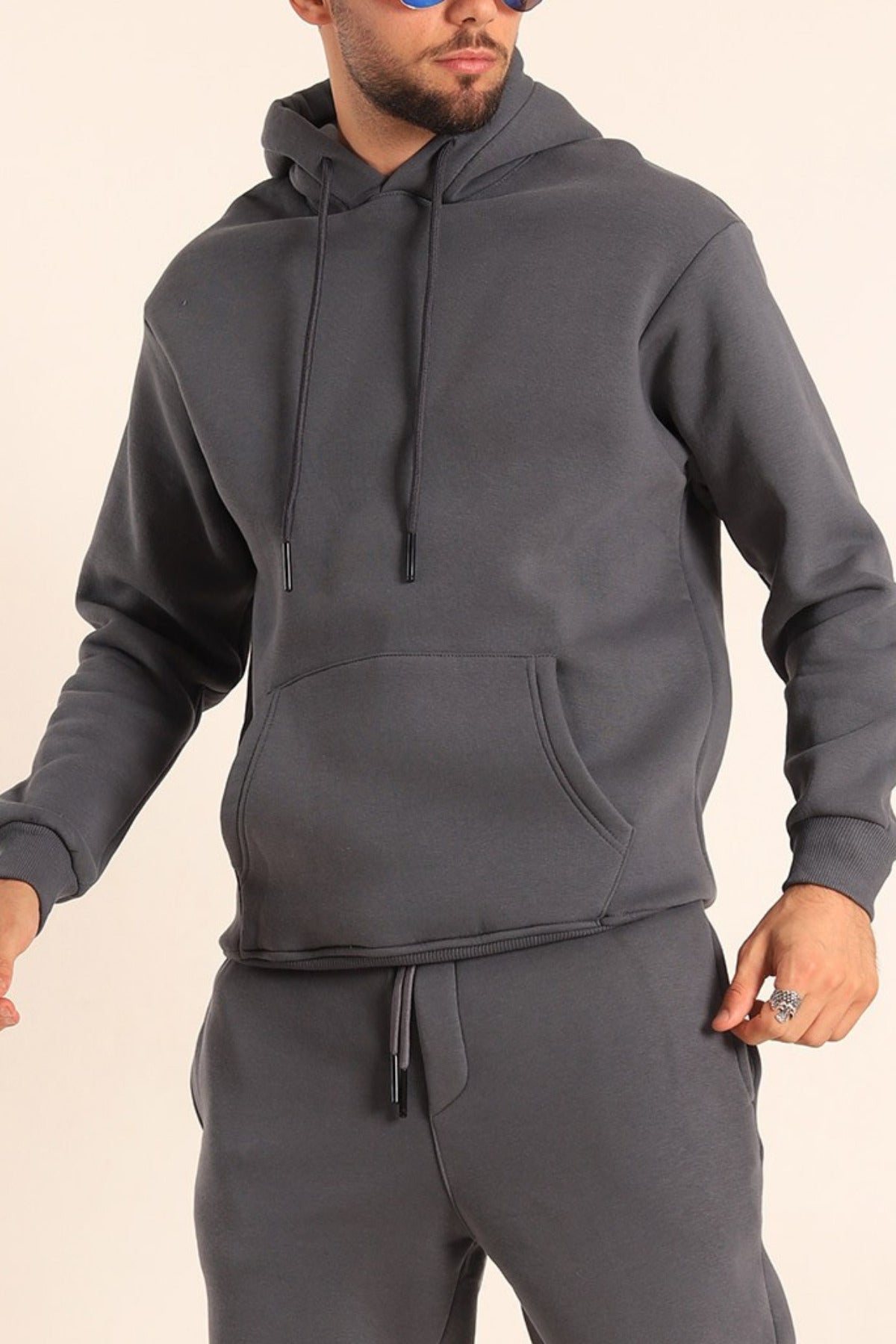 Erkek Rahat Kalın Pamuklu Kışlık Sweatshirt - Füme - 1