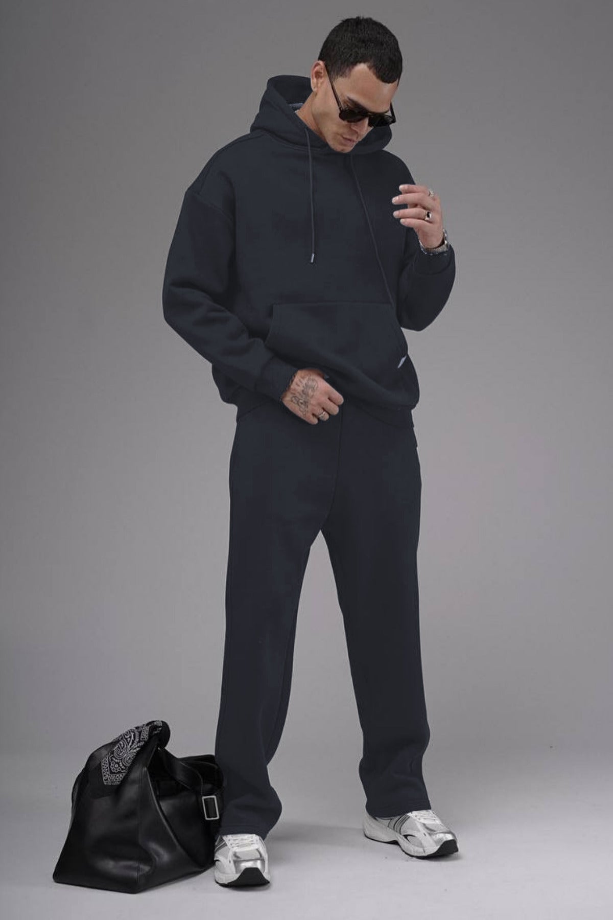 Erkek Baggy Geniş Paça Beli Lastikli Geniş Kesim Kışlık Eşofman Takımı - Füme - 1