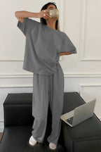 Kadın Bisiklet Yaka Yazlık Kısa Kollu Pijama Takımı - Gri - 3