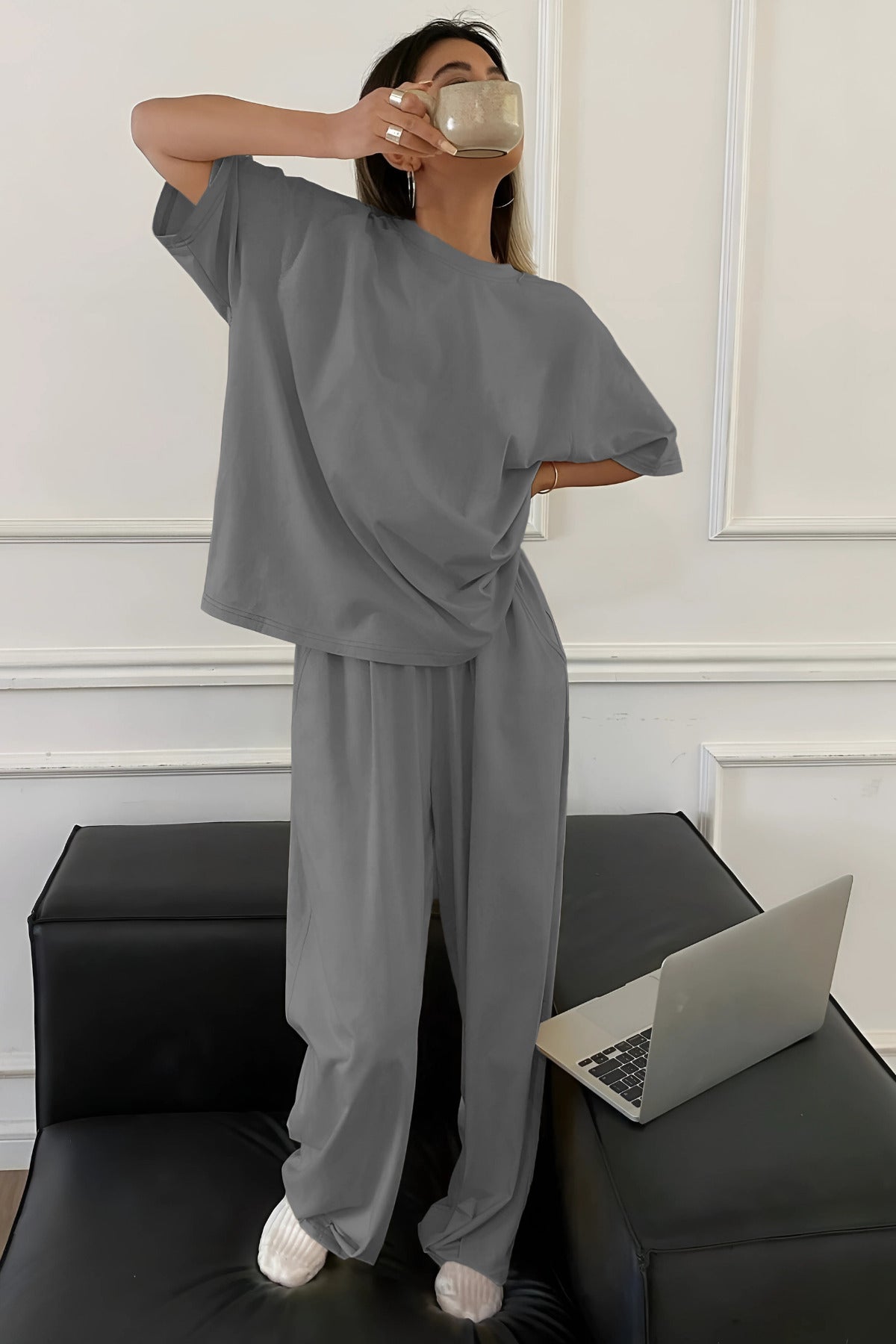 Kadın Bisiklet Yaka Yazlık Kısa Kollu Pijama Takımı - Gri - 3