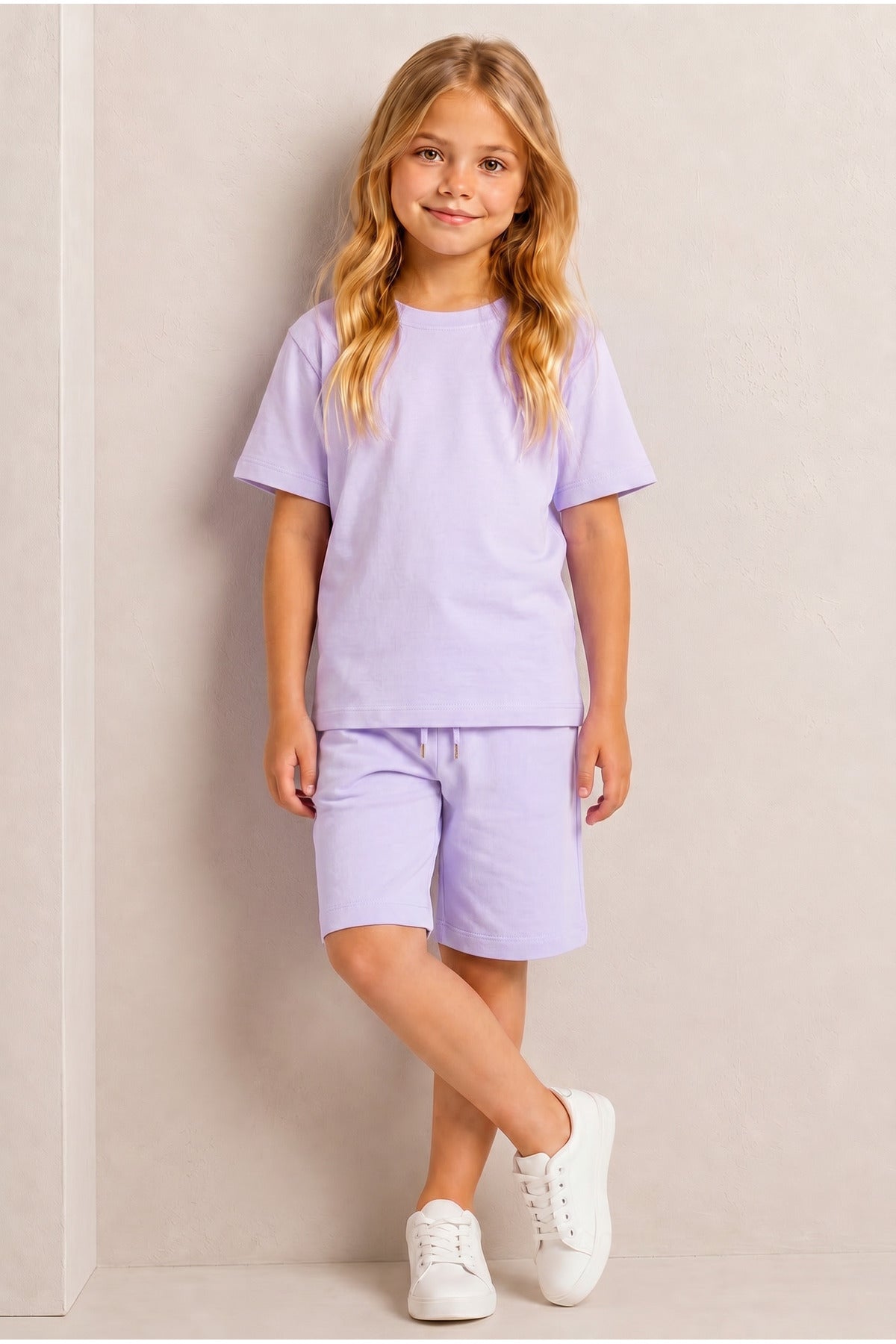 Çocuk Kısa Kollu Baskısız Basic Oversıze Geniş Kalıp Beli Bağlamalı Esnek 1-10 Yaş Arası Yaz Sezonu Sportif T-shirt / Şort Takım - Lila - 5