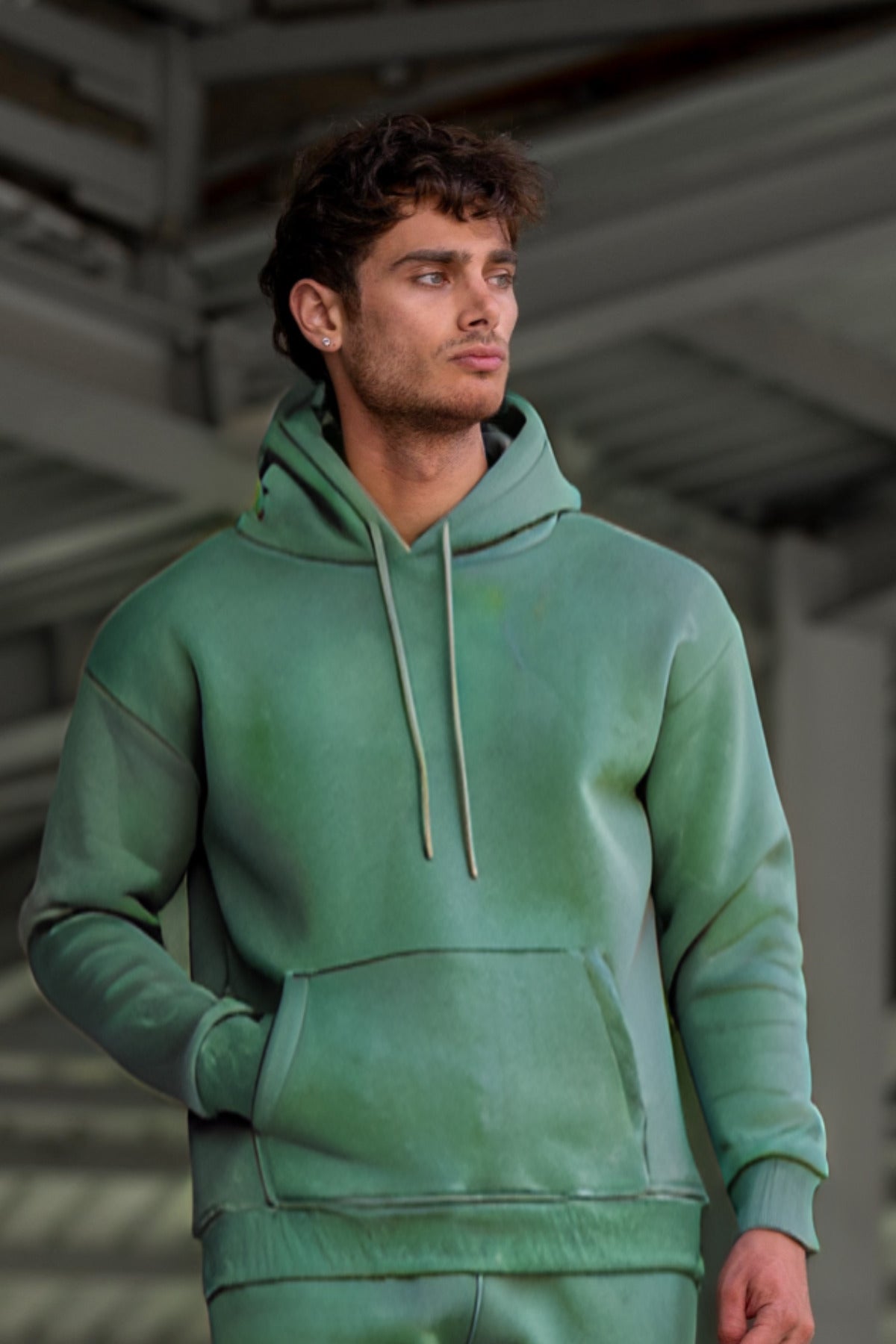 Erkek Ribanalı Kapşonlu Yaka Sweatshirt 3 İplik - Turkuaz - 1