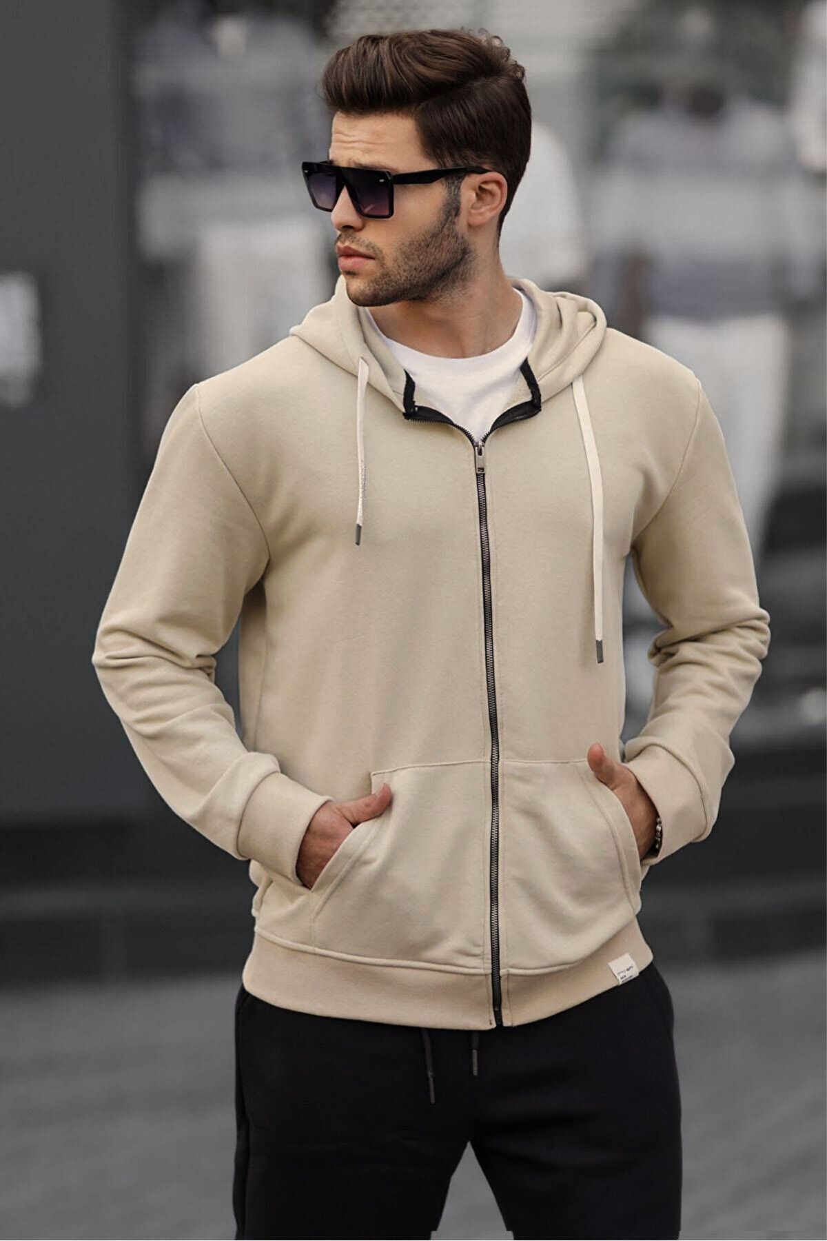Bej Fermuarlı Kapüşonlu Erkek Sweatshirt - Bej - 2