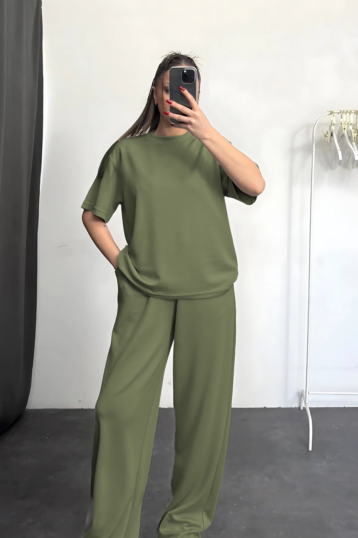 Kadın Kısa Kollu Oversize Süper Yüksek Bel Esnek Bisiklet Yaka Eşofman Takımı - Yeşil - 2