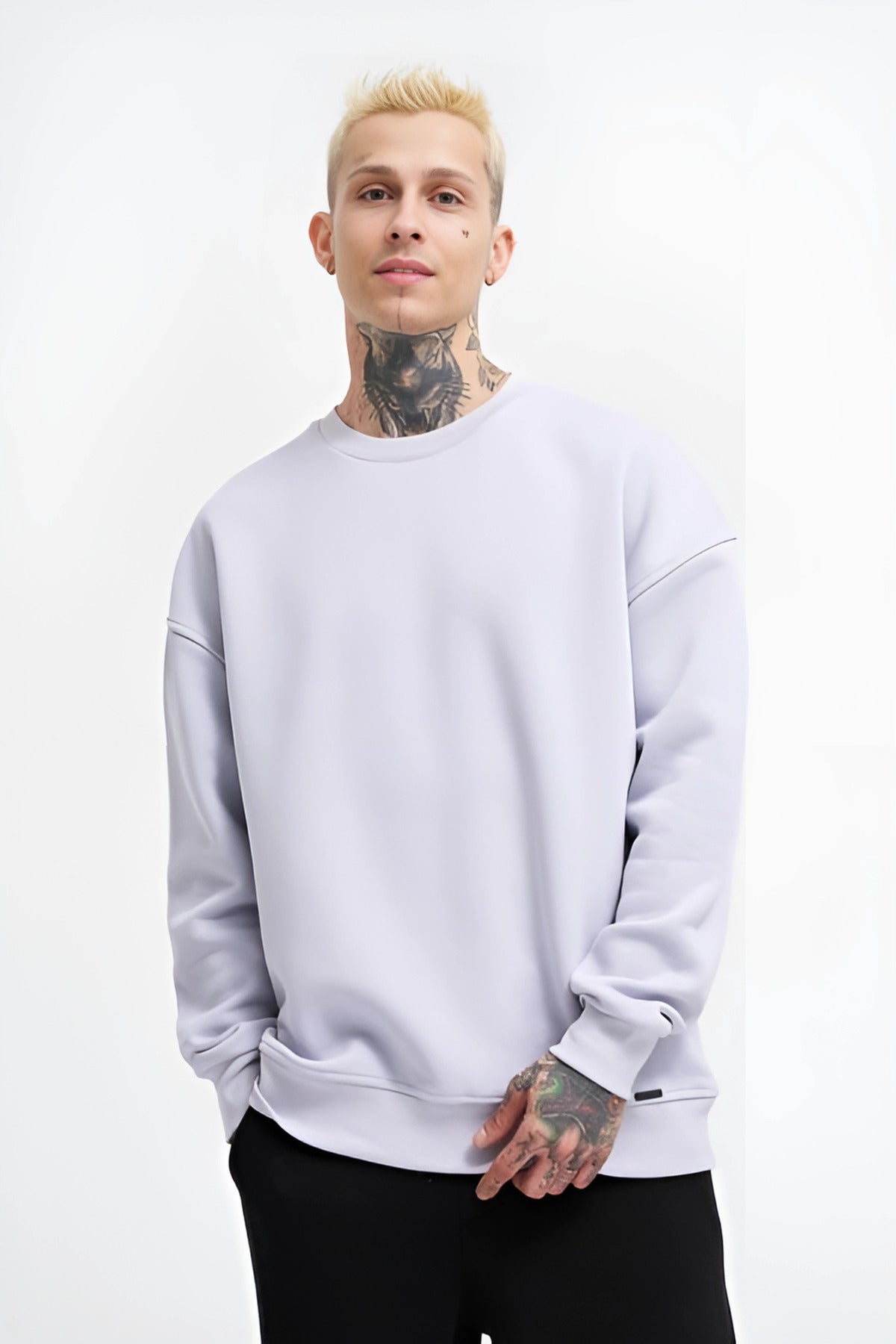 Erkek Oversize 3 İ̇plik Şardonlu Uzun Kollu Bisiklet Yaka Kazak - Gri - 3