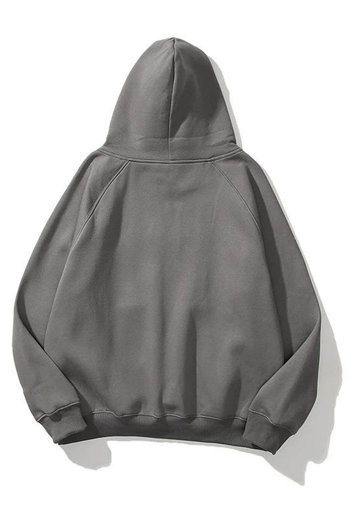 Unisex Kapşonlu Kanguru Cep 3 İ̇plik Uzun Kollu Sweatshirt Hoodie - Füme - 2
