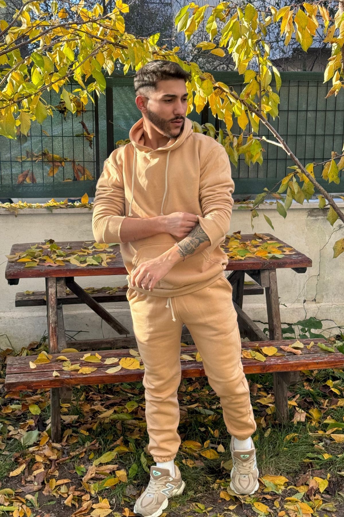 Ob Comfort Kapşonlu Kanguru Cep Oversize Lastik Paça Vizon Eşofman Takımı - Vizon - 5
