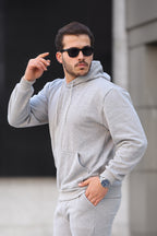 Erkek Bol Kesim Oversize 3 İ̇plik İ̇çi Pamuklu Şardonlu Kanguru Cep Kapşonlu Kışlık Hoodie Sweatshirt - Gri - 2