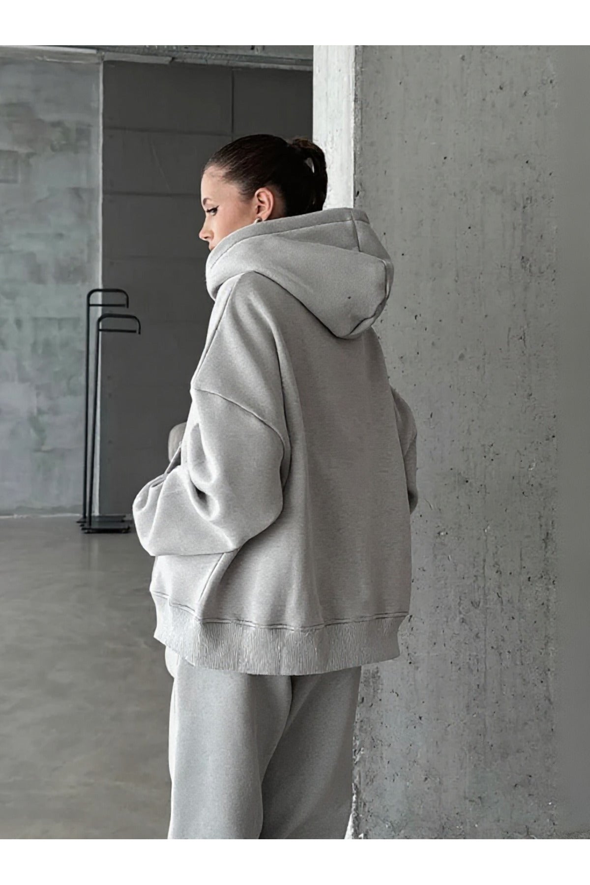 Kadin 3 İ̇pli̇k Oversi̇ze Fermuarli Sweatshi̇rt Hirka - Gri Melanj - 3