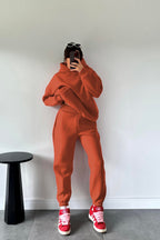 Kadın Kiremit Oversize Trend Model Kanguru Cep Kapşonlu Sweatshirt Eşofman Takımı - Kiremit - 2
