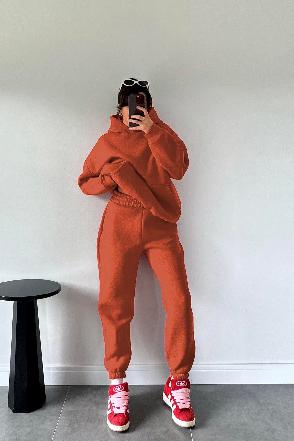 Kadın Kiremit Oversize Trend Model Kanguru Cep Kapşonlu Sweatshirt Eşofman Takımı - Kiremit - 2