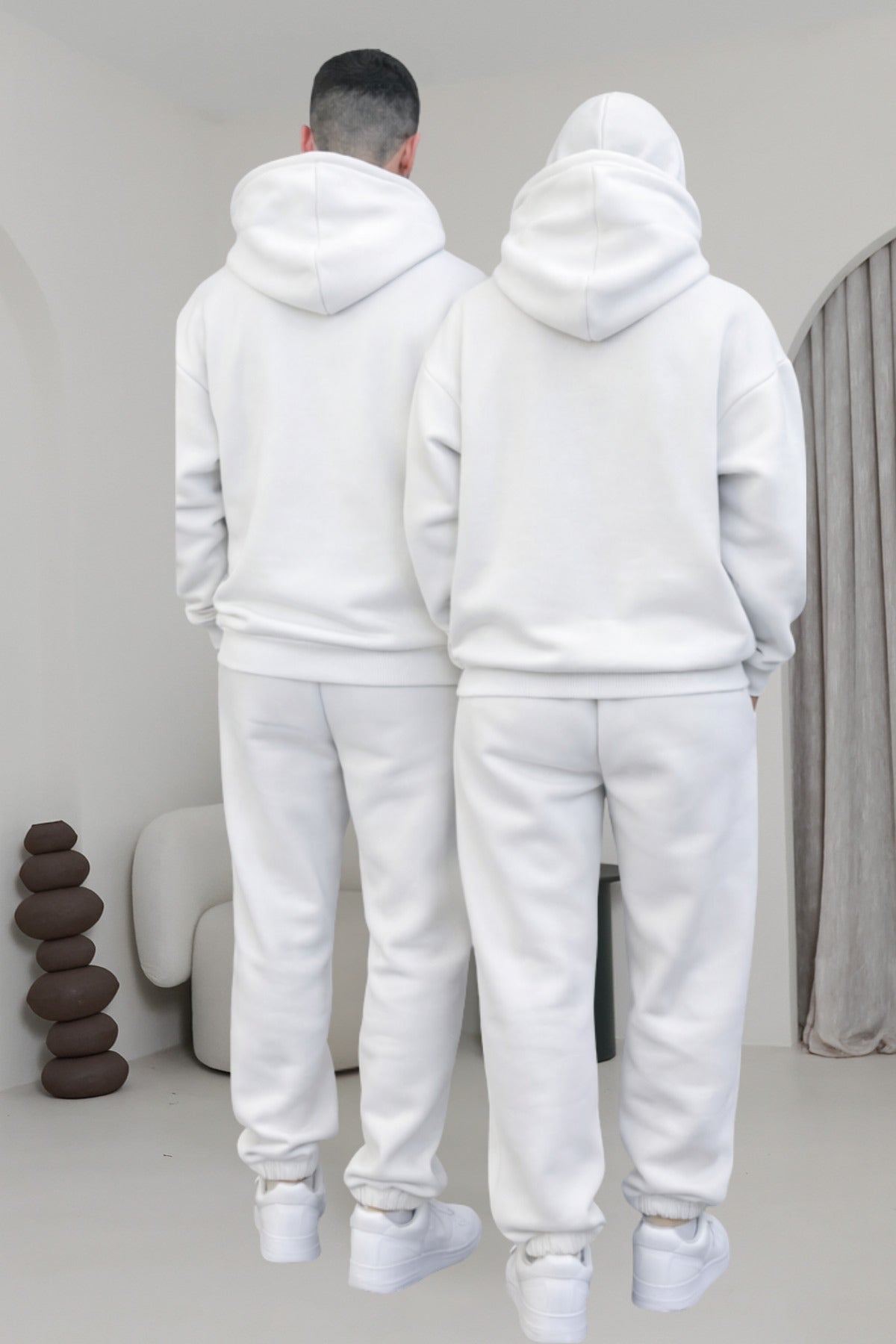 Çiftlere Özel Basic Oversize Kapşonlu Eşofman Takımı - Beyaz - 3