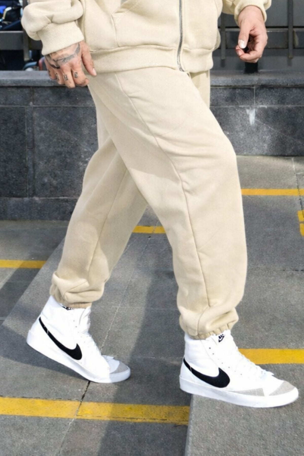 Erkek Paçası Lastikli Basic Jogger Eşofman Altı - Bej - 3