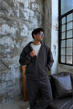 Erkek Unisex Model Basic 3i̇plik Kapşonlu Hırka - Füme - 3
