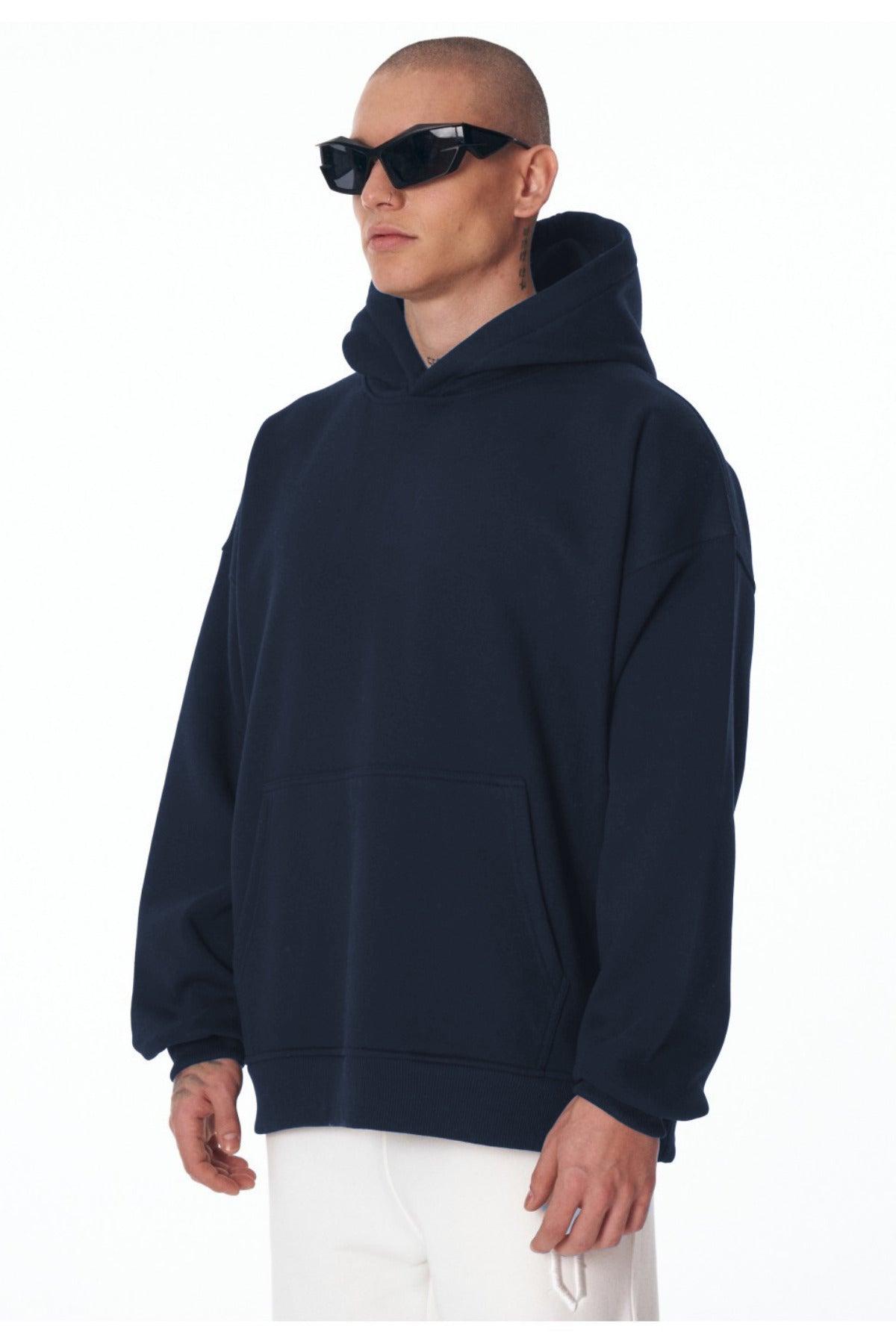 Erkek Bol Kesim Oversize 3 İ̇plik İ̇çi Pamuklu Şardonlu Kanguru Cep Kapşonlu Kışlık Hoodie Sweatshirt - Lacivert - 2