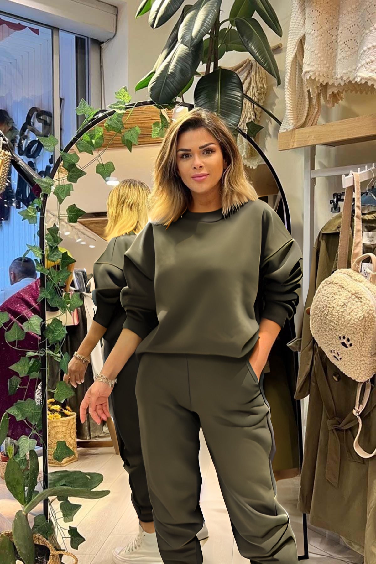 Kadın Bisiklet Yaka Oversize Şardonlu Eşofman Takımı - Haki - 3