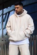 Erkek Oversize 3 İ̇plik Pamuklu Şardonlu Kanguru Cep Kapşonlu Kalın Hoodie Sweatshirt - Bej - 1