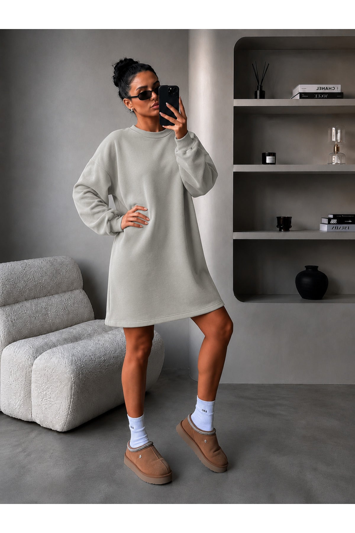 Kadin 3 İ̇pli̇k Yeni̇ Uzun Kollu Bi̇si̇klet Yaka Rahat Sweatshirt Elbi̇se - Gri - 2
