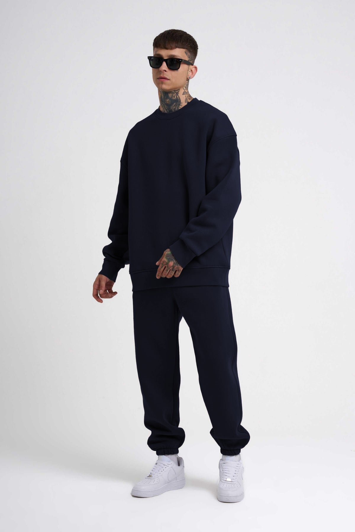 Erkek Bisiklet Yaka Oversize Spor Eşofman Takımı - Lacivert - 1