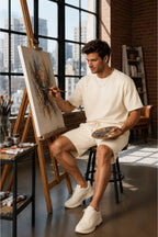 Erkek Modern Ressam Stili Sanat Atölyesi Konseptli Oversize Şortlu Rahat Takım - Bej - 4