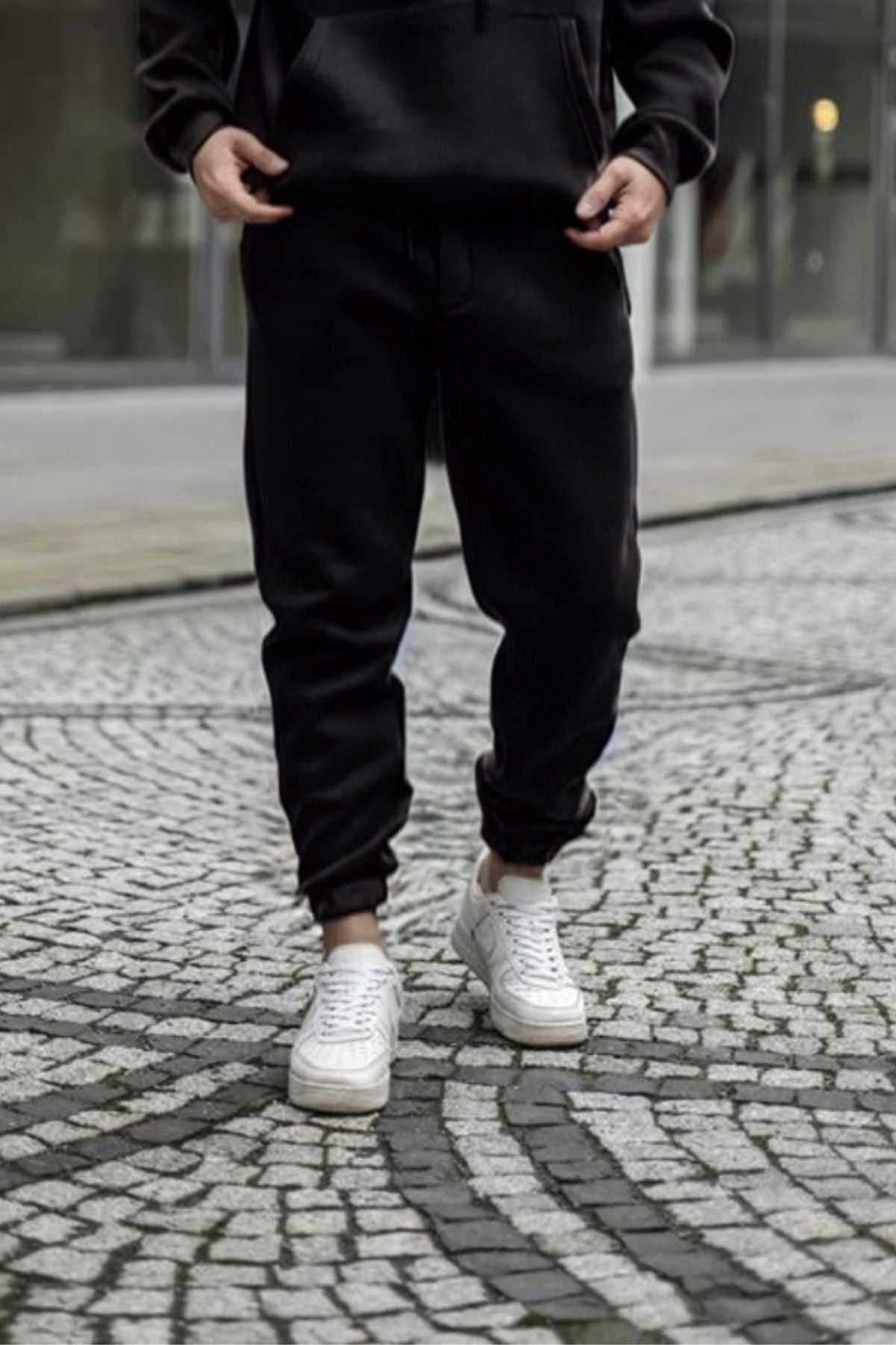 Bay Siyah Beli Lastikli 3 İplik Streetwear Eşofman Altı - Siyah - 1