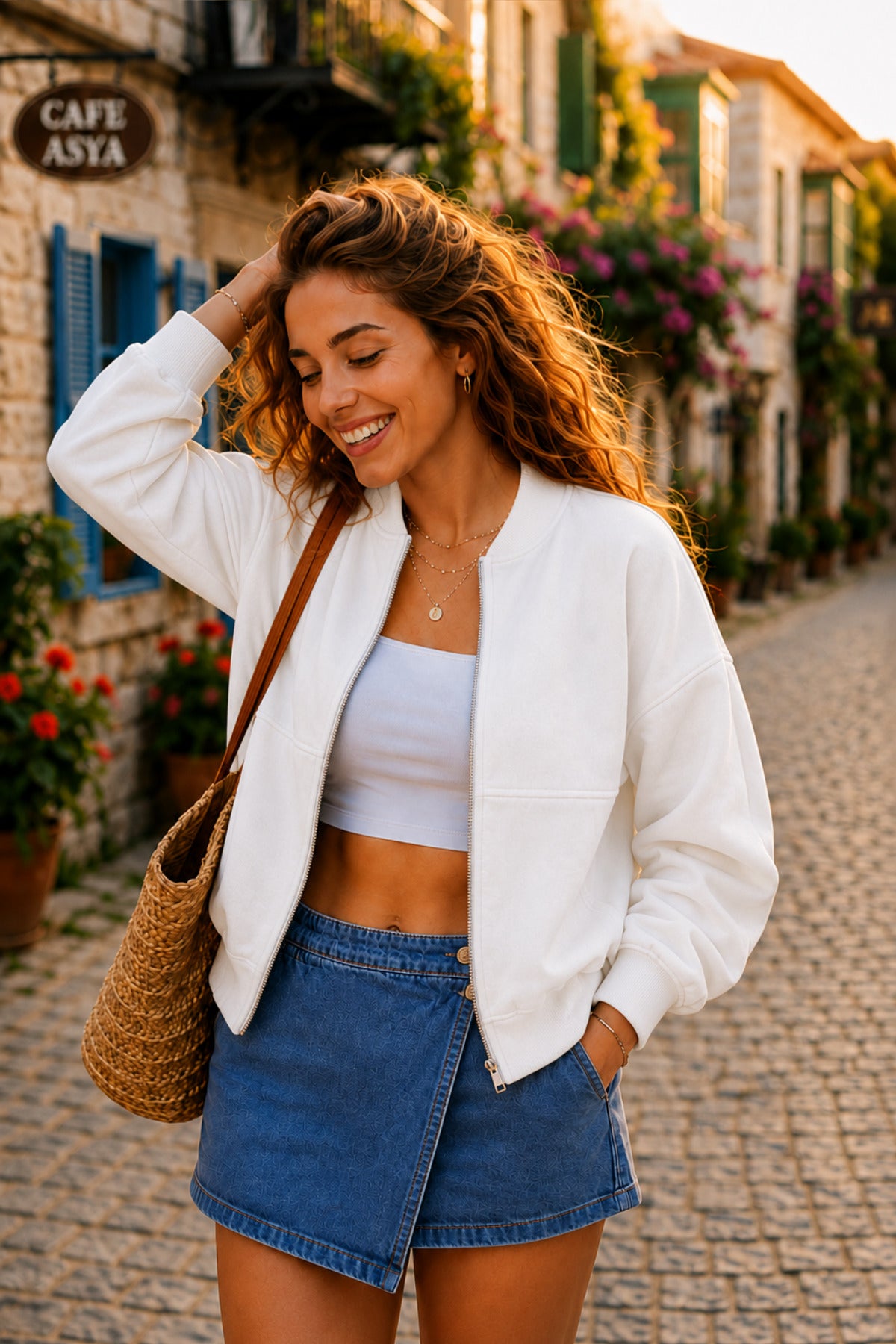 Kadın Fermuarlı Oversize Bomber Basic Mevsimlik Günlük Ceket - Beyaz - 3
