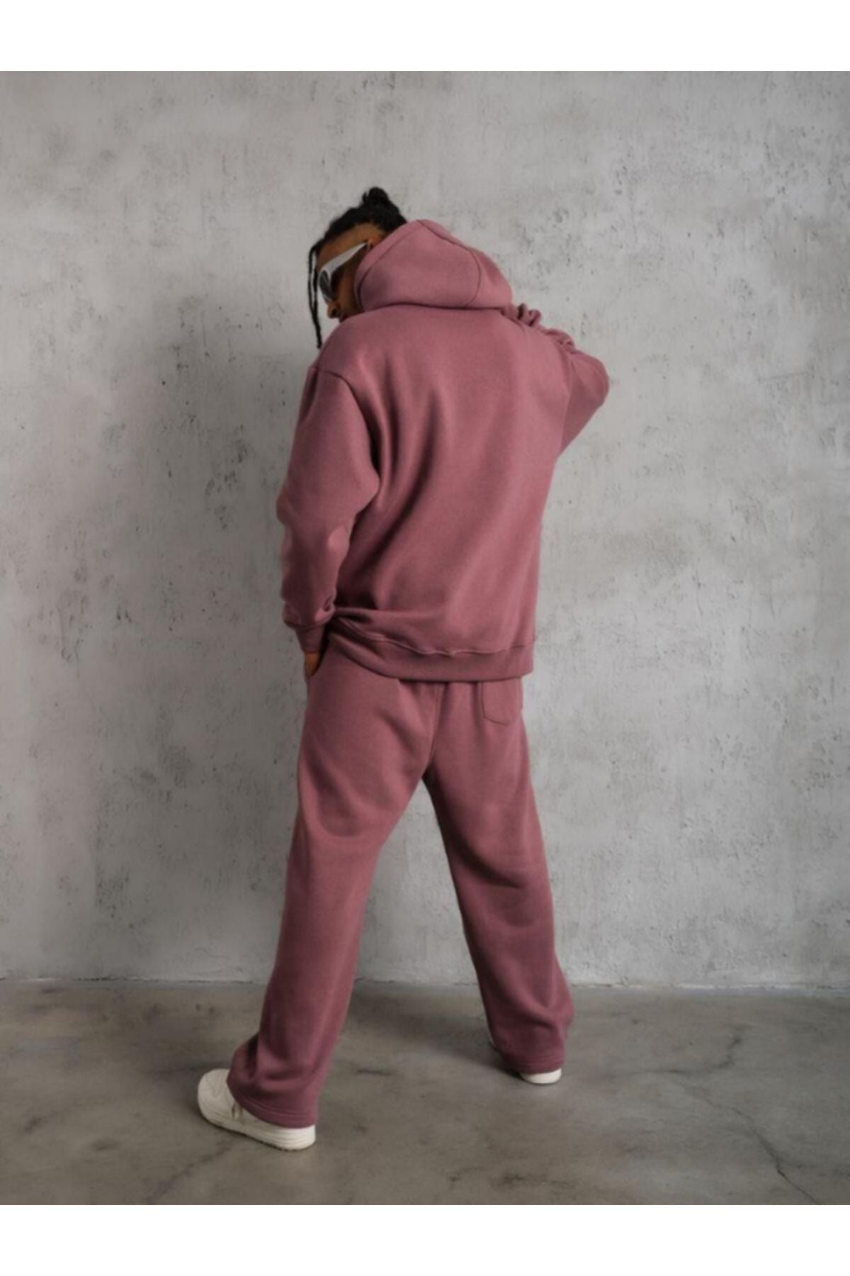 Erkek Gül Kurusu 3 İ̇plik Kapşonlu Kanguru Cep Hoodie Eşofman Takımı - GÜL KURU - 5