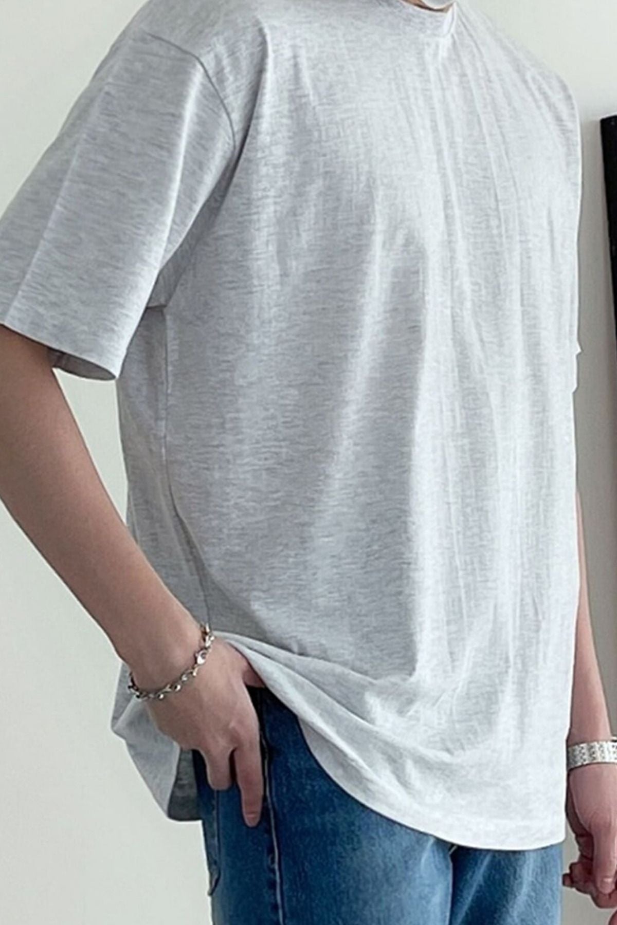 Erkek Oversize Kısa Kollu Bisiklet Yaka Tişört - Gri Melanj - 2