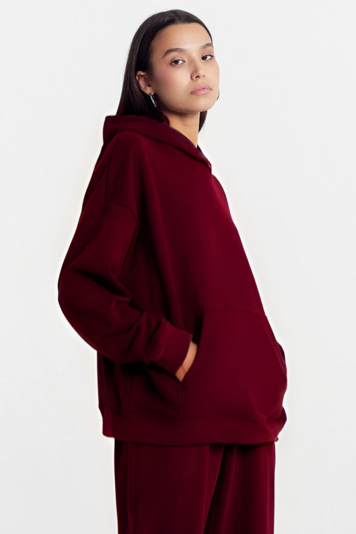 Kadın Baskısız Düz İ̇çi Şardonlu Kalın Kışlık Sweatshirt - Bordo - 2