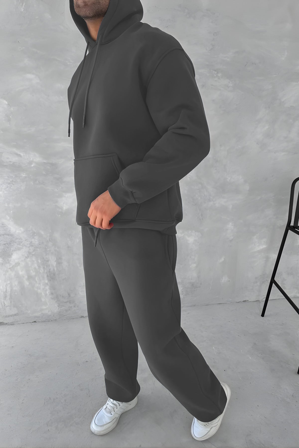 Erkek 3 İ̇pli̇k Oversi̇ze Kapüşonlu Sweatshi̇rt Eşofman Takimi - Gri - 2