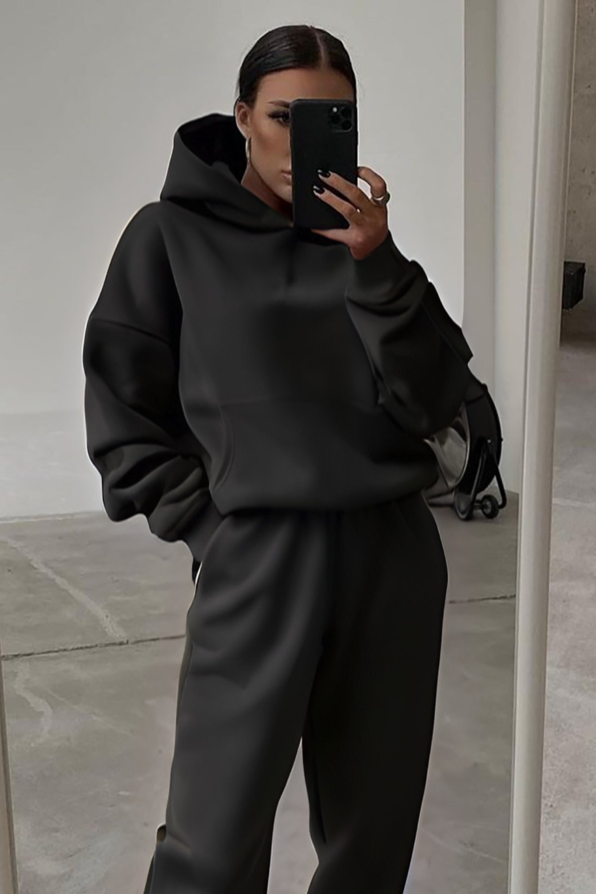 Kadın Salaş Kışlık Hoodie Sweatshirt - Füme - 3