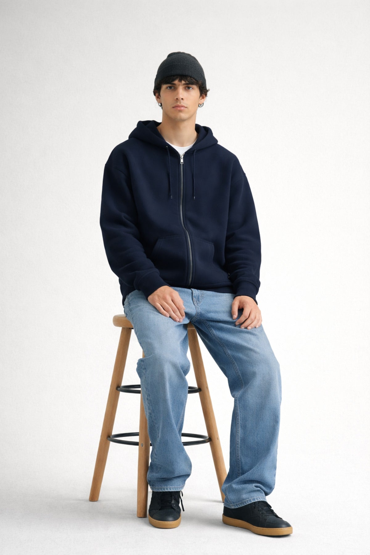 Erkek Oversize Bol Kapşonul Cepli Hoodie Hırka - Lacivert - 1