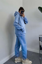Kadın Oversize Trend Model Kanguru Cep Kapşonlu Sweatshirt Eşofman Takımı - Açık Mavi - 2