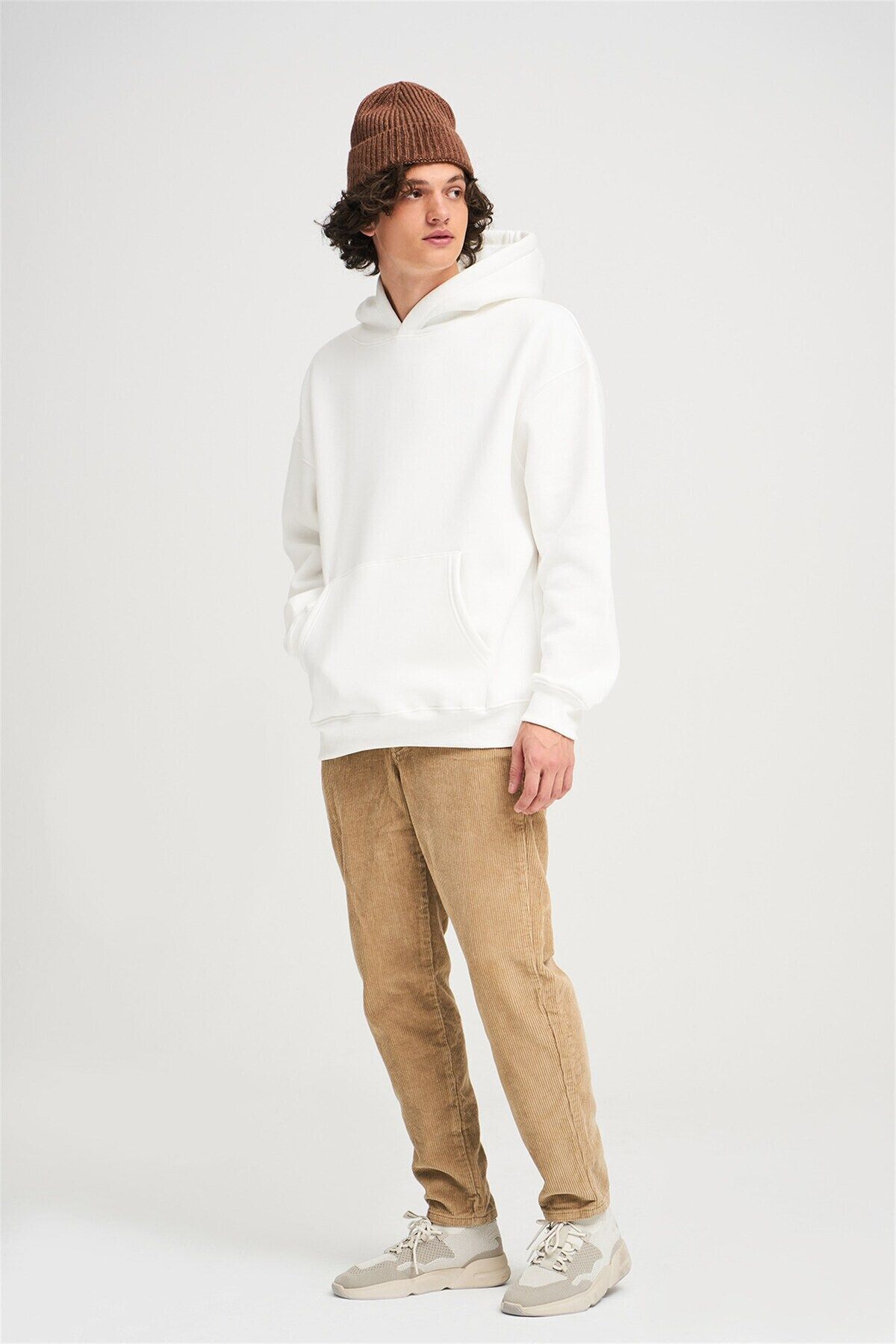 Unisex Kapşonlu Kanguru Cep 3 İ̇plik Uzun Kollu Sweatshirt Hoodie - Beyaz - 5