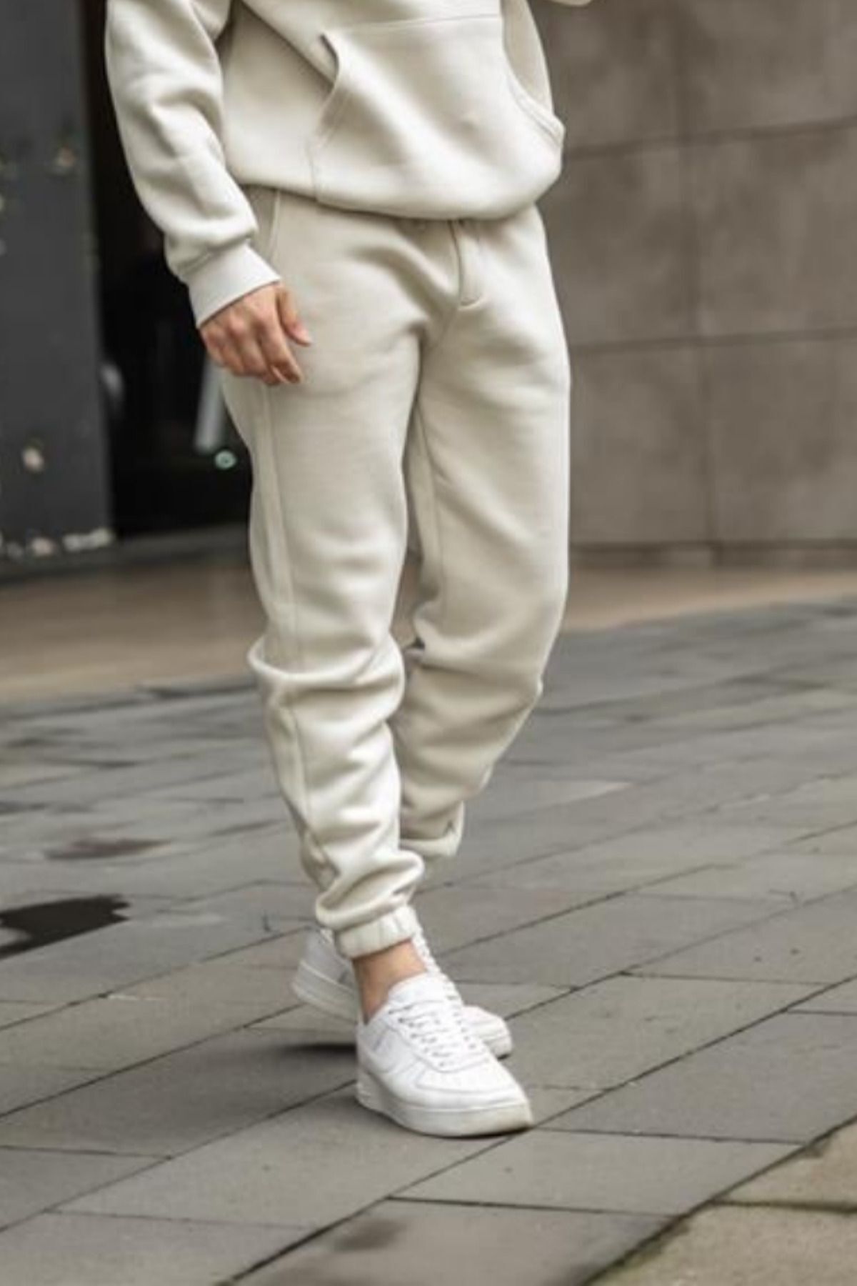 Bay Bej Beli Lastikli 3 İplik Streetwear Eşofman Altı - Bej - 1