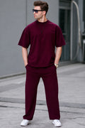 Erkek Yazlık Bisiklet Yaka Oversize Eşofman Takımı - Bordo - 1