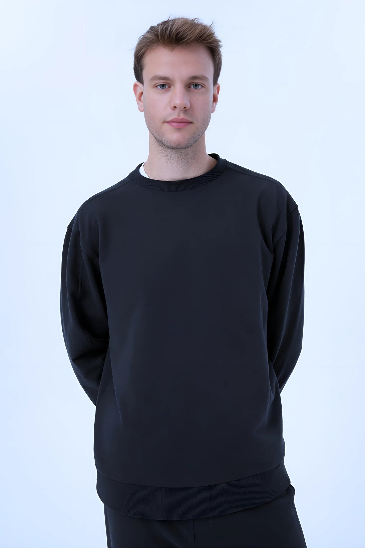 Erkek Oversize 3 İ̇plik İ̇çi Pamuklu Uzun Kollu Bisiklet Yaka Kazak - Lacivert - 3