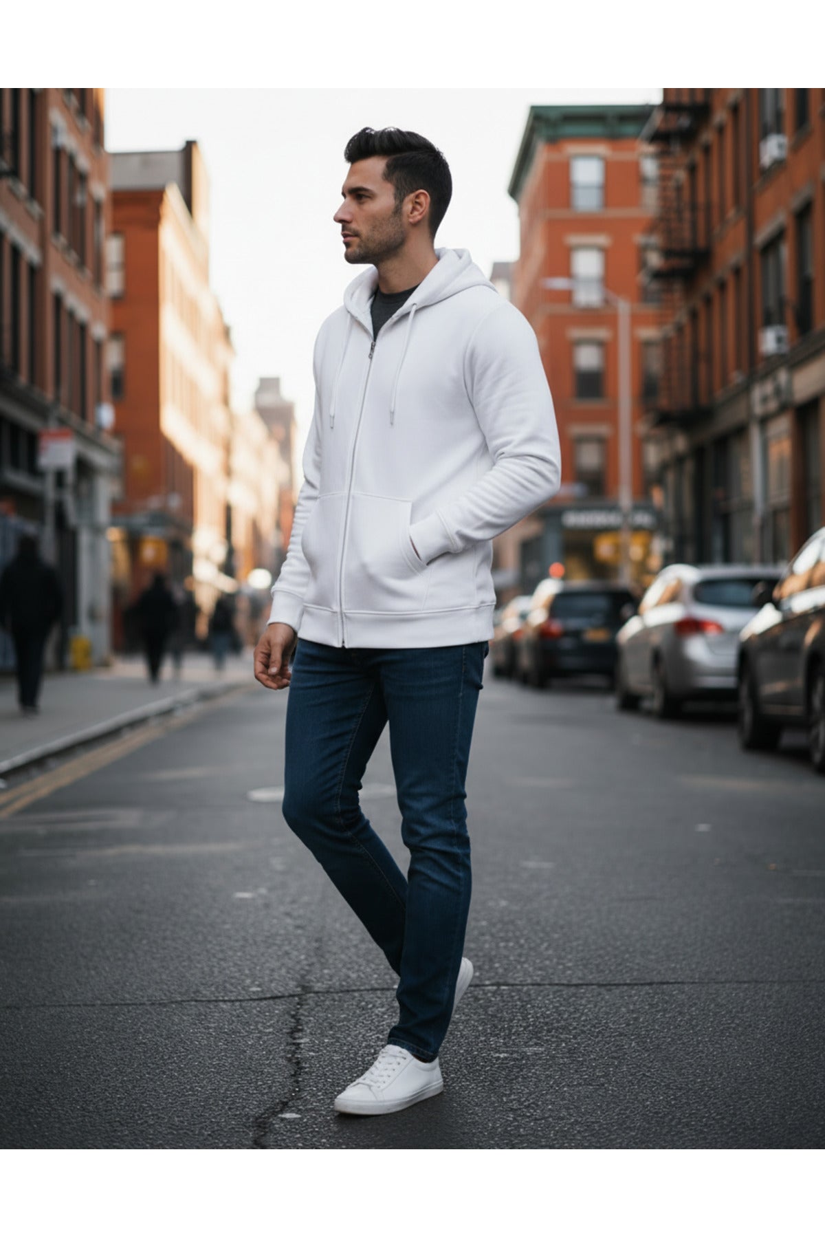 Erkek 3 İ̇pli̇k Şardonlu Oversi̇ze Fermuarli Sweatshirt Hirka - Beyaz - 3