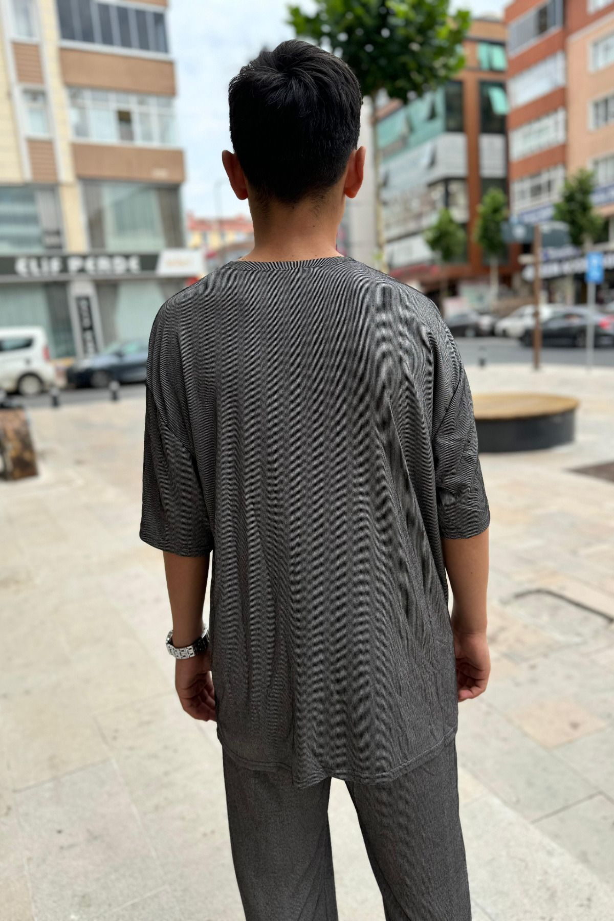 Erkek Oversize Comfort Çizgili Penye Kısa Kollu T-shirt - ÇİZGİLİ - 3