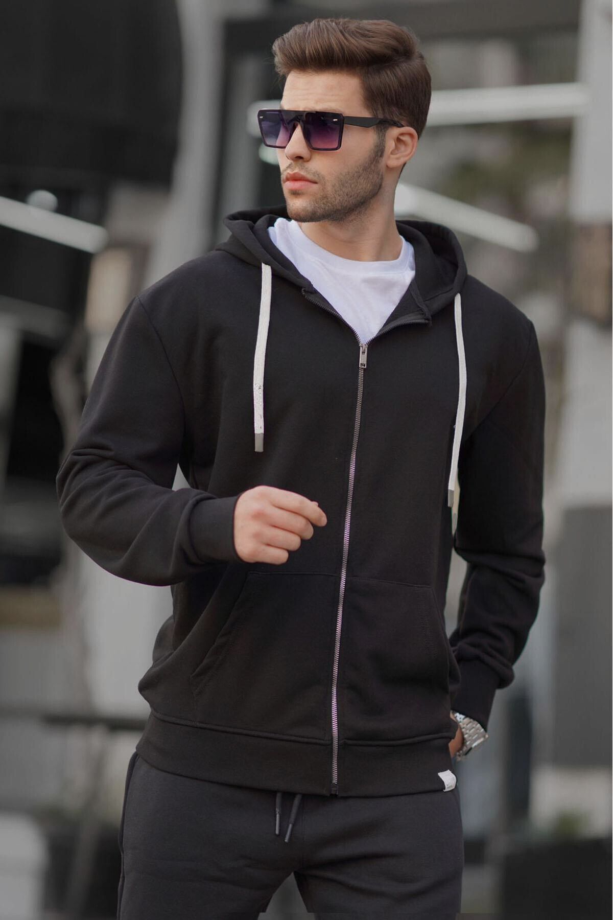 Si̇yah Fermuarlı Kapüşonlu Erkek Sweatshirt - Siyah - 2
