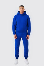 Erkek Kapüşonlu Kanguru Cep Oversize 3 İ̇plik İ̇çi Pamuklu Jogger Paça Eşofman Takımı - Saks Mavisi - 1