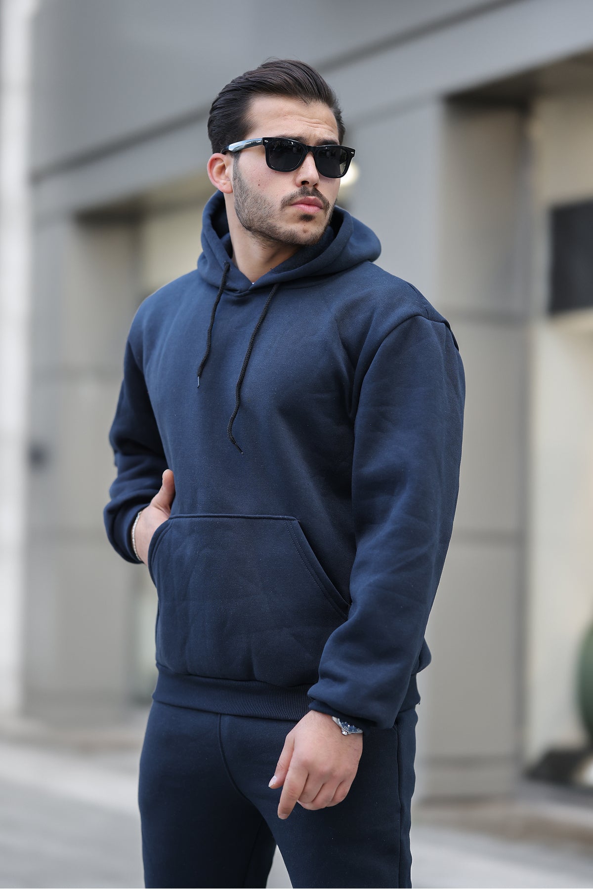Erkek Bol Oversize 3 İ̇plik İ̇çi Pamuklu Kanguru Cep Kapşonlu Lastikli Paça Jogger Kış Eşofman Takımı - Lacivert - 3