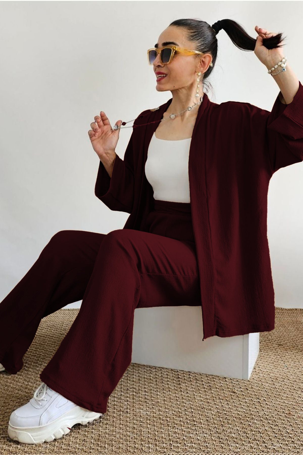 Kadın Dökümlü Bürümcük Yazlık Palazzo Pantolon Ve Kimono Takım - Mürdüm Melanj - 3