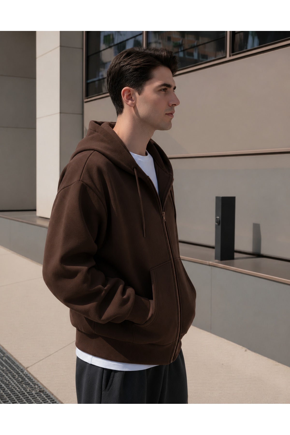 Erkek 3 İ̇pli̇k Fermuarli Kapüşonlu Oversi̇ze Rahat Sweatshirt Hirka - Kahverengi - 3