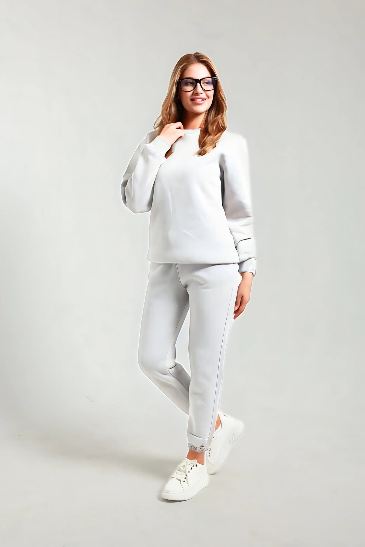 Sweatshirt Jogger Beli Ve Paçası Lastikli Kadın 3 İplik Eşofman Takımı Pamuklu - Beyaz - 1