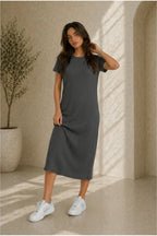 Kadın Fitilli Oversize Basic Bisiklet Yaka Elbise Günlük Rahat Kalıp - Füme - 2