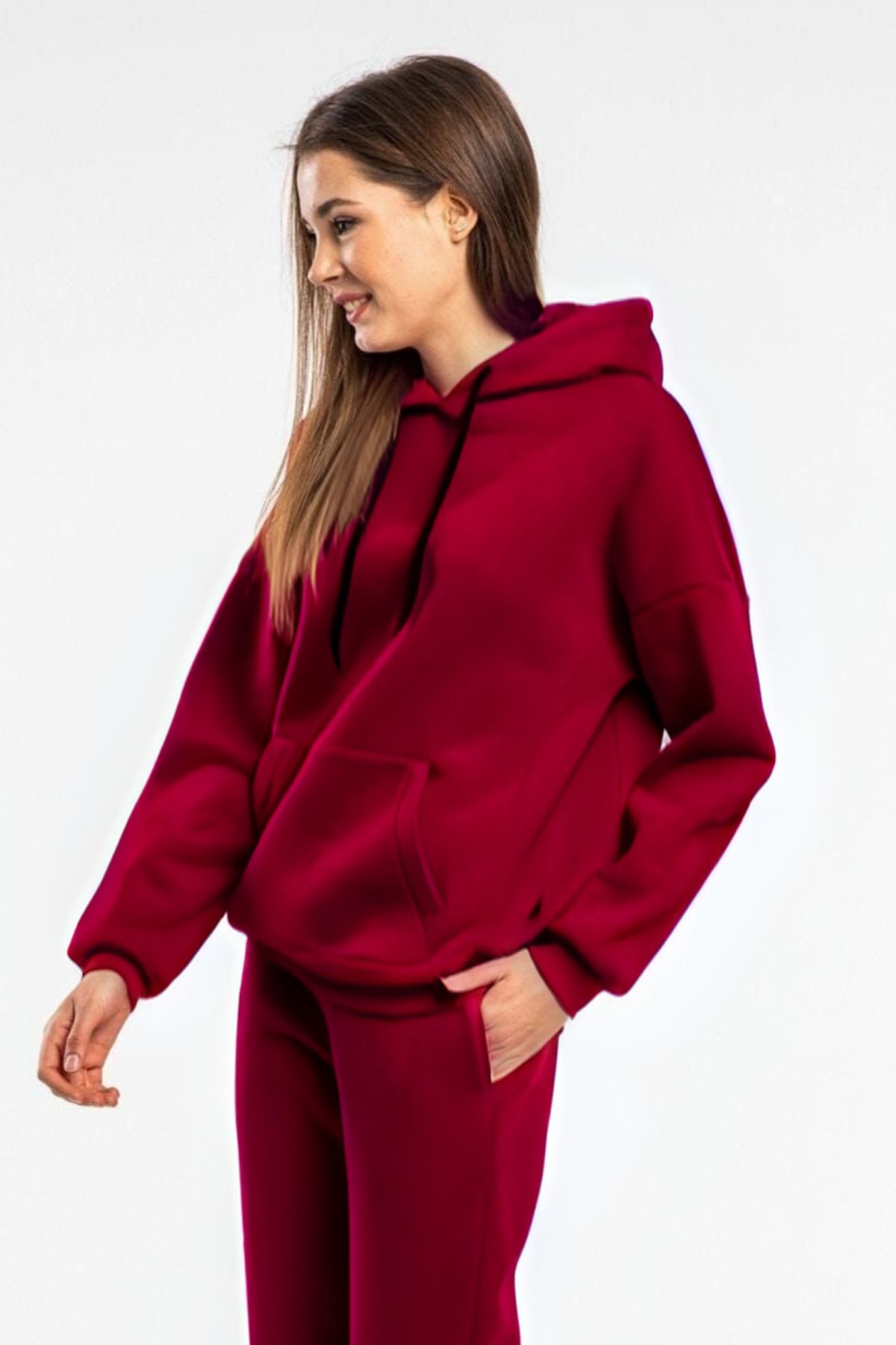 Baybayan Basi̇c Oversi̇ze Sweatshi̇rt Hoodi̇e - Bordo - 3