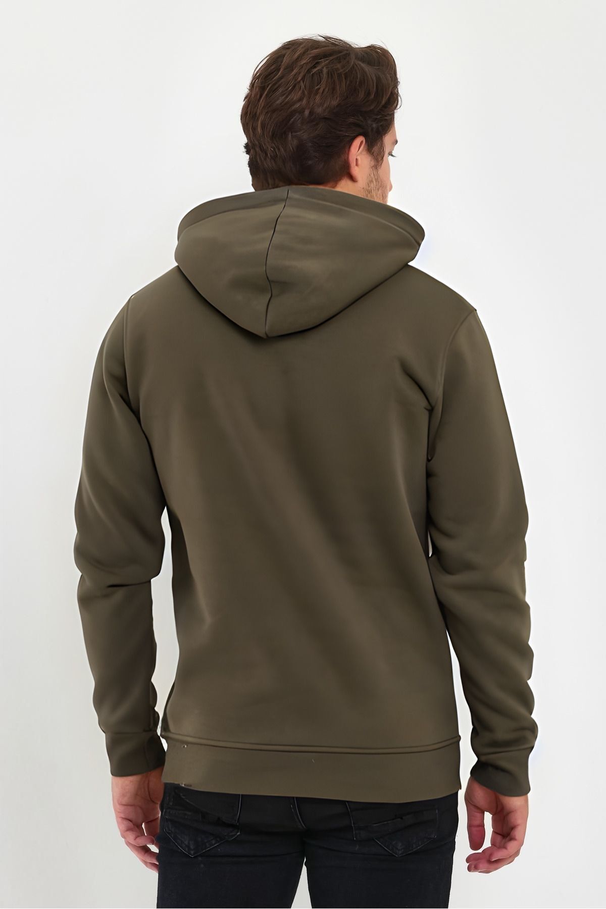 Unisex Basic Haki Hoodie 3 İ̇plik Oversize Kapüşonlu Kangru Cepli Sweatshirt - Haki - 2